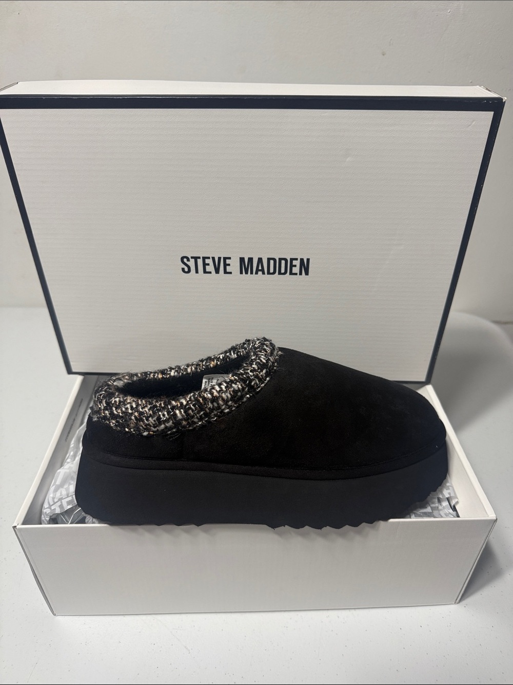 Steve Madden Black Platform Slip-On Mule with Tweed Collar Accent